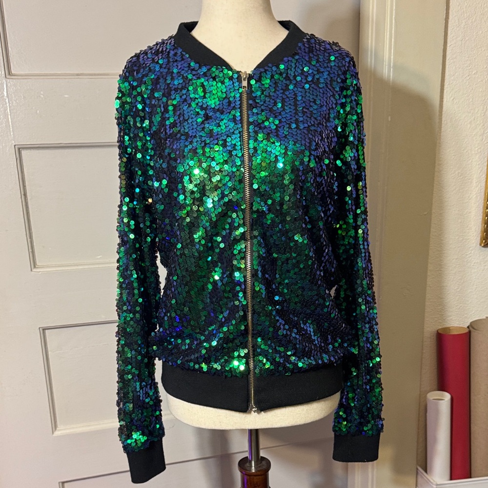 Sequin Bomber Jacket - Green and Blue